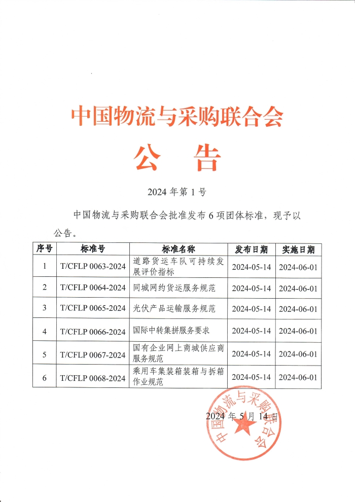 2024年第1號中物聯(lián)公告 《道路貨運車隊可持續(xù)發(fā)展評價指標(biāo)》等團(tuán)體標(biāo)準(zhǔn)發(fā)布